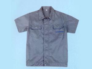 XC-My086浅灰细斜纹湖蓝边短袖